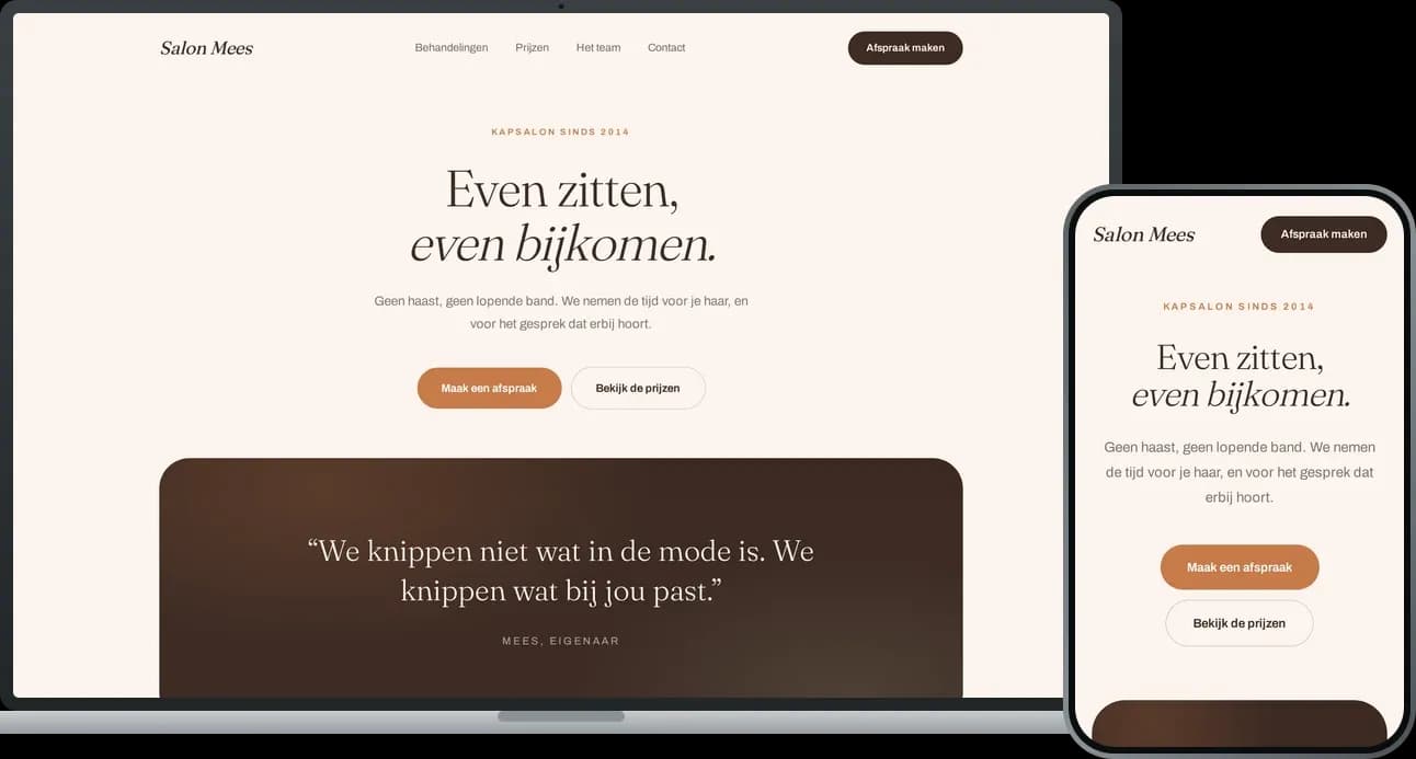 Salon Mees op een laptop en een telefoon, stijl warm en persoonlijk