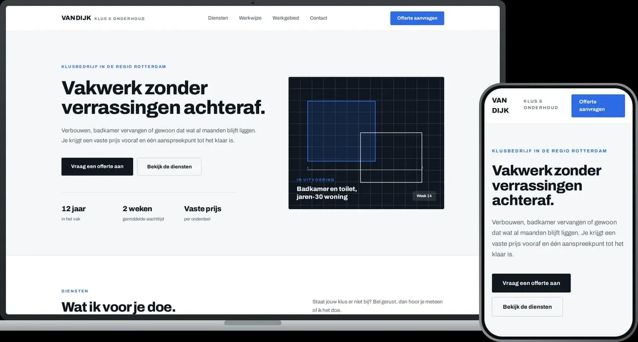 Van Dijk Klus & Onderhoud op een laptop en een telefoon, stijl strak en zakelijk