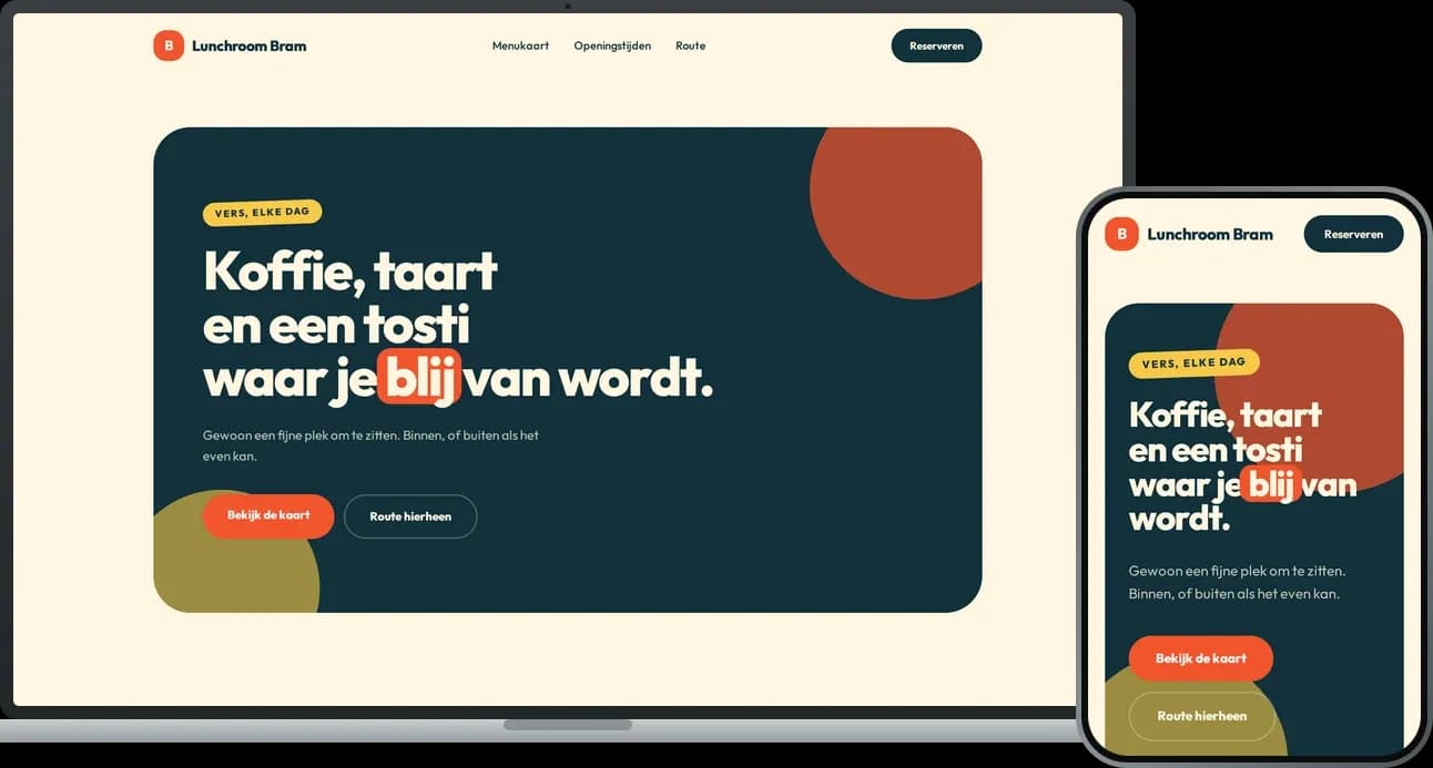 Lunchroom Bram op een laptop en een telefoon, stijl opvallend en speels