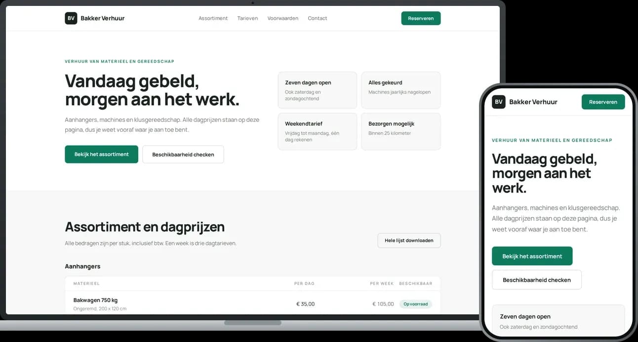 Bakker Verhuur op een laptop en een telefoon, stijl overzichtelijk met catalogus